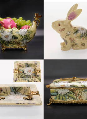 欧式家居摆件牡丹花瓶陶瓷配铜玄关摆设客厅镶瓷室内软装高档饰品