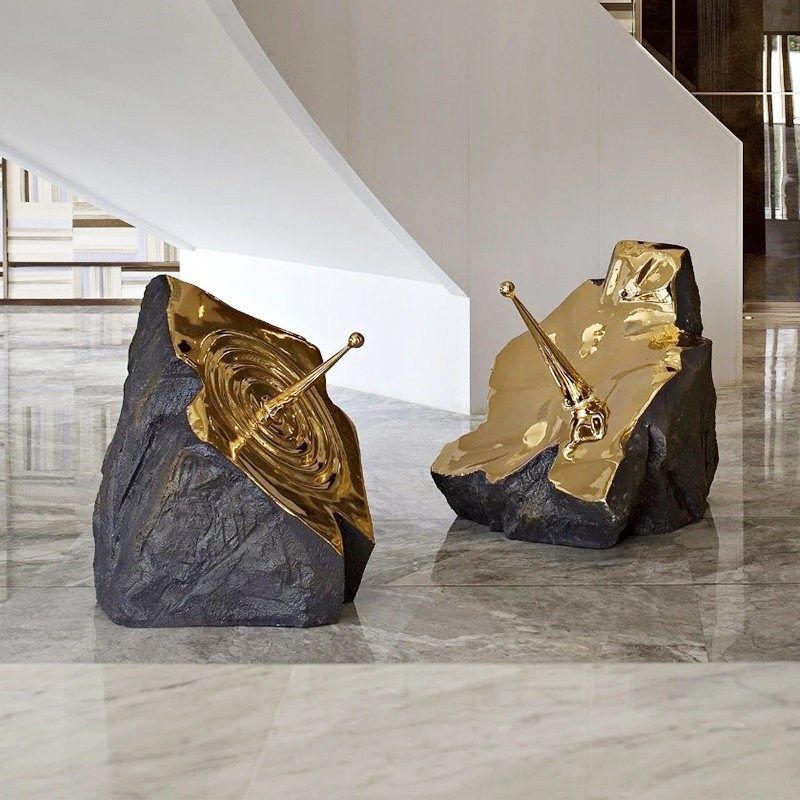 售楼处酒店玻璃钢电镀陨石矿石头水滴纹雕塑流水池装饰品落地摆件