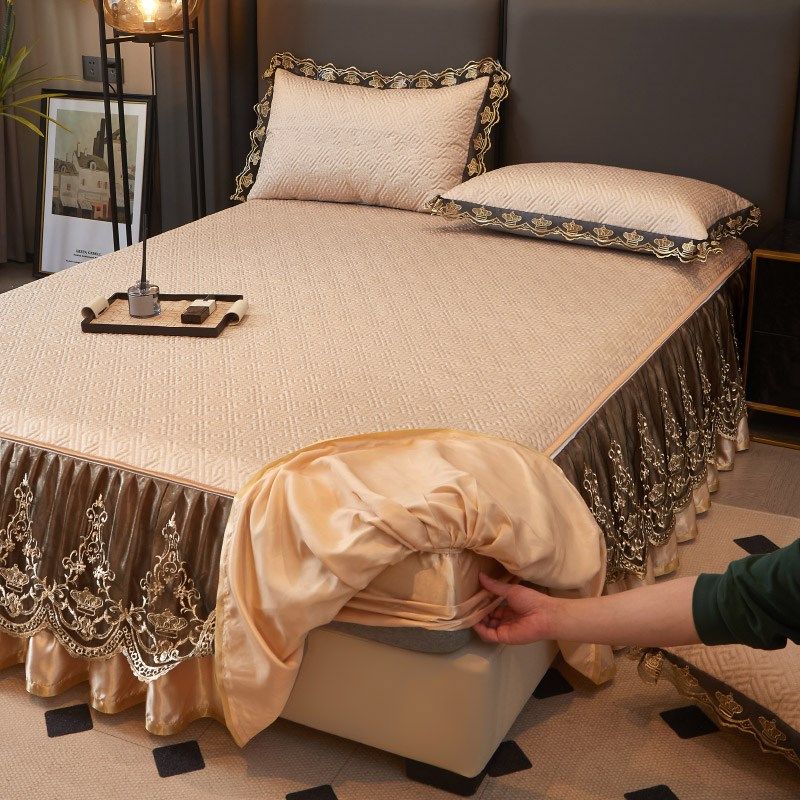 冰丝凉席三件套床裙款床笠罩床罩夏季卧室可拆卸水洗空调席软席子