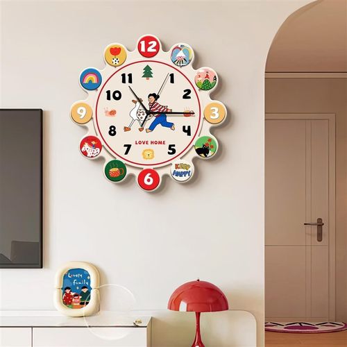 多巴胺卡通客厅装饰挂钟奶油风电视背景墙钟表画创意静音家用壁钟