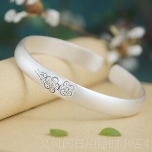 正品纯女银手镯梅年花999足银复古实心开口民族风哑光简约款送轻