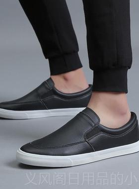 正品新品黑色防水皮面乐福英伦休闲软皮鞋懒人鞋鞋脚蹬布男帆鞋一