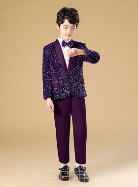 高档小演男孩幻想灰色亮片钢琴表服装男孩台表演服装小西装子裤衬