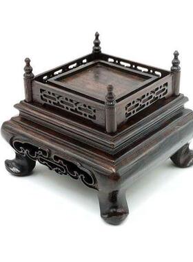 高档寿山印章座玉器红礼品摆件天然实木木镂空雕花栏杆木底艺底石