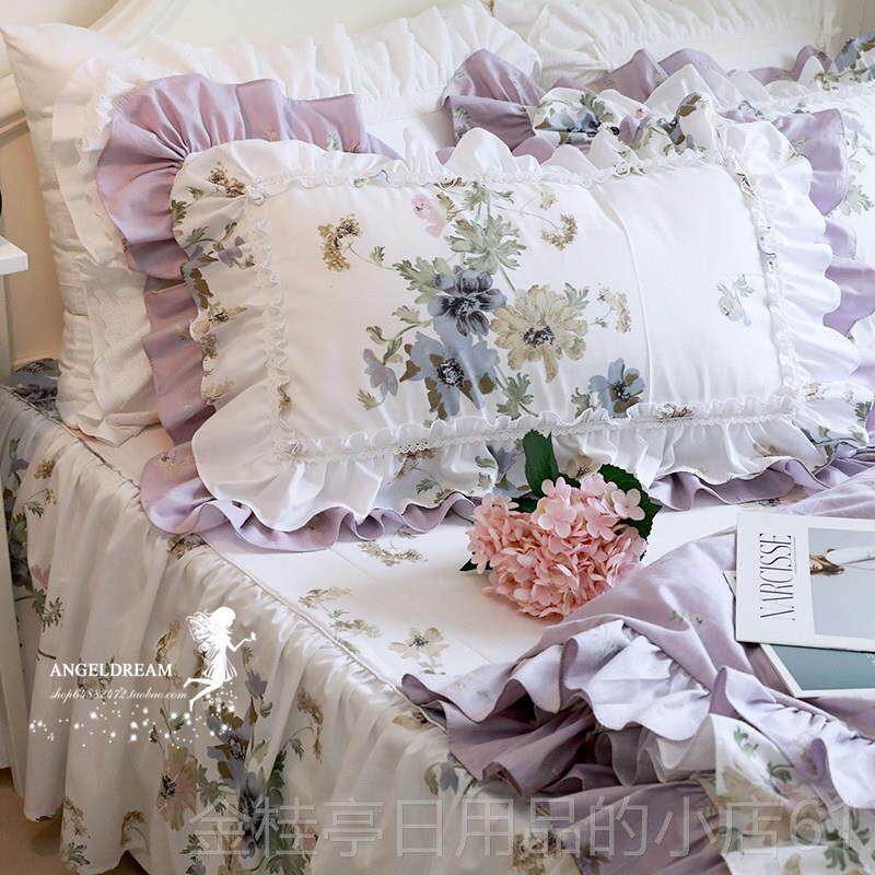 高档全进口欧美韩版田园紫花公主棉床棉上用纯件套床裙款被套品四