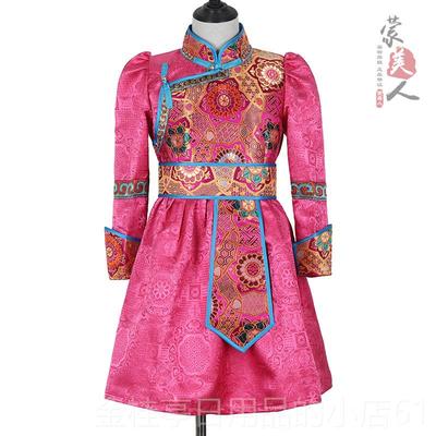 高档女蒙红古袍儿童舞台连衣公主出裙高端服饰蒙古族童装演服色长