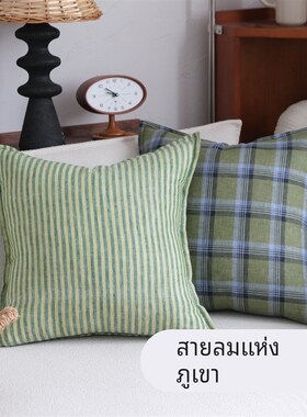 100%亚麻绿色中古风抱枕棉麻靠法式格子靠枕民宿软装床头靠垫腰枕
