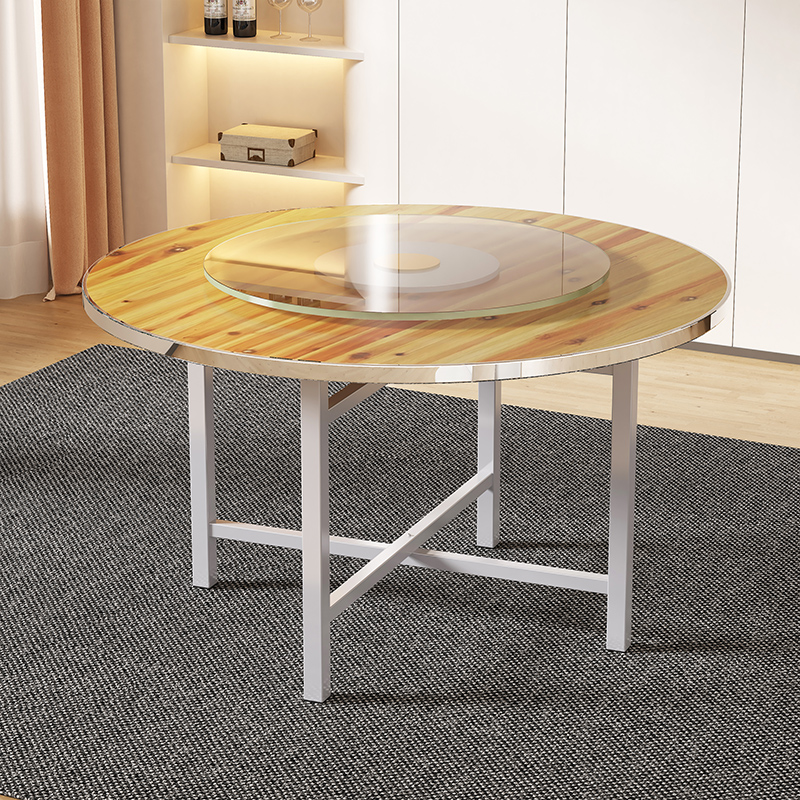 不锈钢边加厚圆形餐桌简易酒店家用10人15大圆桌子可折叠实木饭桌