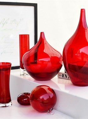 每周一三五上新/红色创意简约现代玻璃花瓶家居客厅装饰摆件E2-3