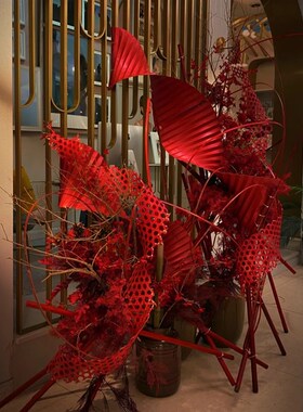 红色竹编婚礼场景布置竹网舞台橱窗装置镂空竹编网喜庆道具装饰