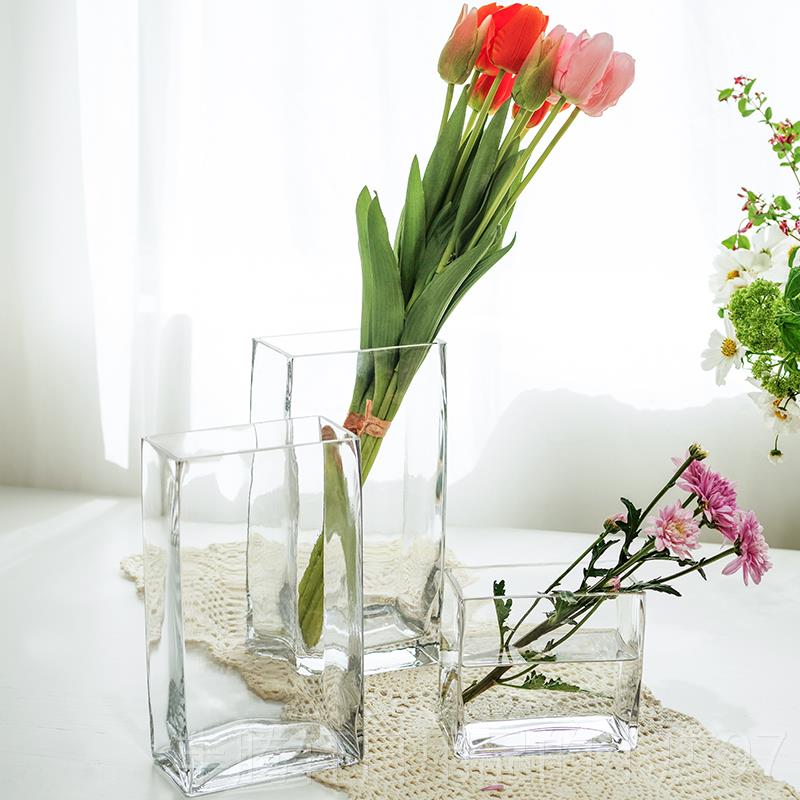 正品插简约意扁长方形水培养鲜花瓶玻璃透明长条缸器客厅容桌面创