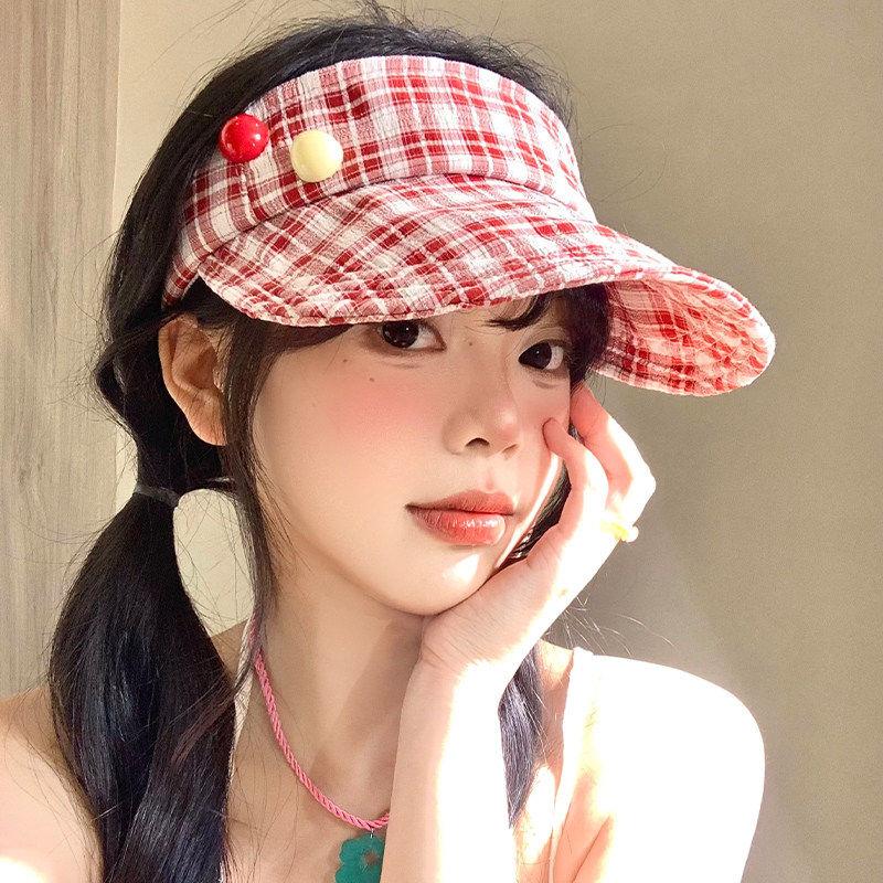 红色格子空顶防晒帽女夏季空顶帽可折叠遮阳帽户外出游太阳帽子
