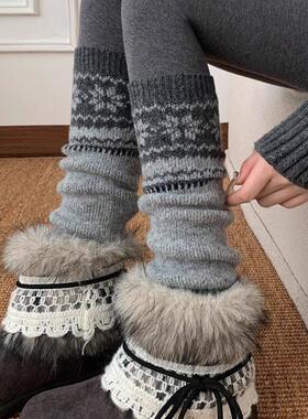 费尔岛堆堆袜套秋冬针织灰色小腿袜y2k圣诞节雪花中筒腿套女保暖