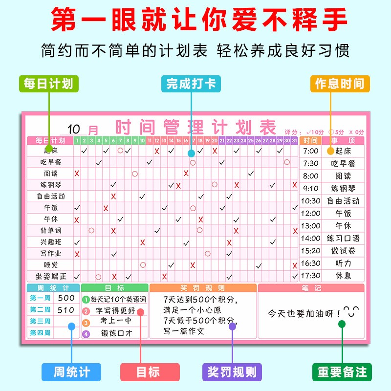 目标时间管理日程表儿童习惯打卡小学生学习自律计划表磁性可擦写