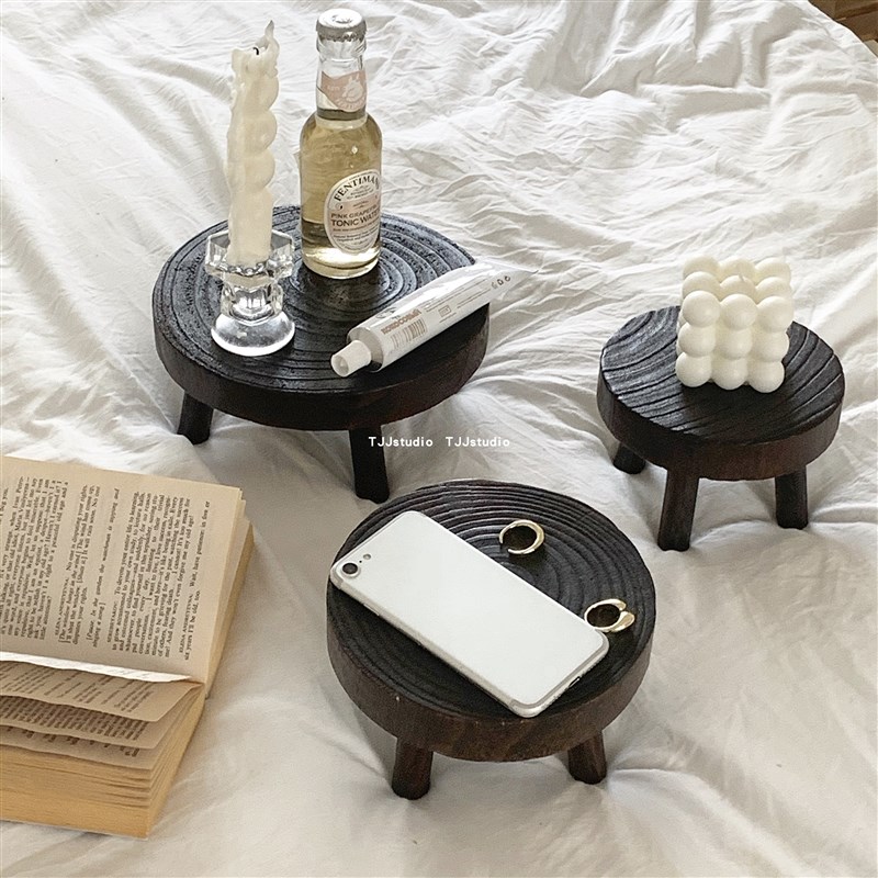 TJJ丨复古做旧小板凳绿植盆栽增高架高脚迷你实木圆形置物花盆架