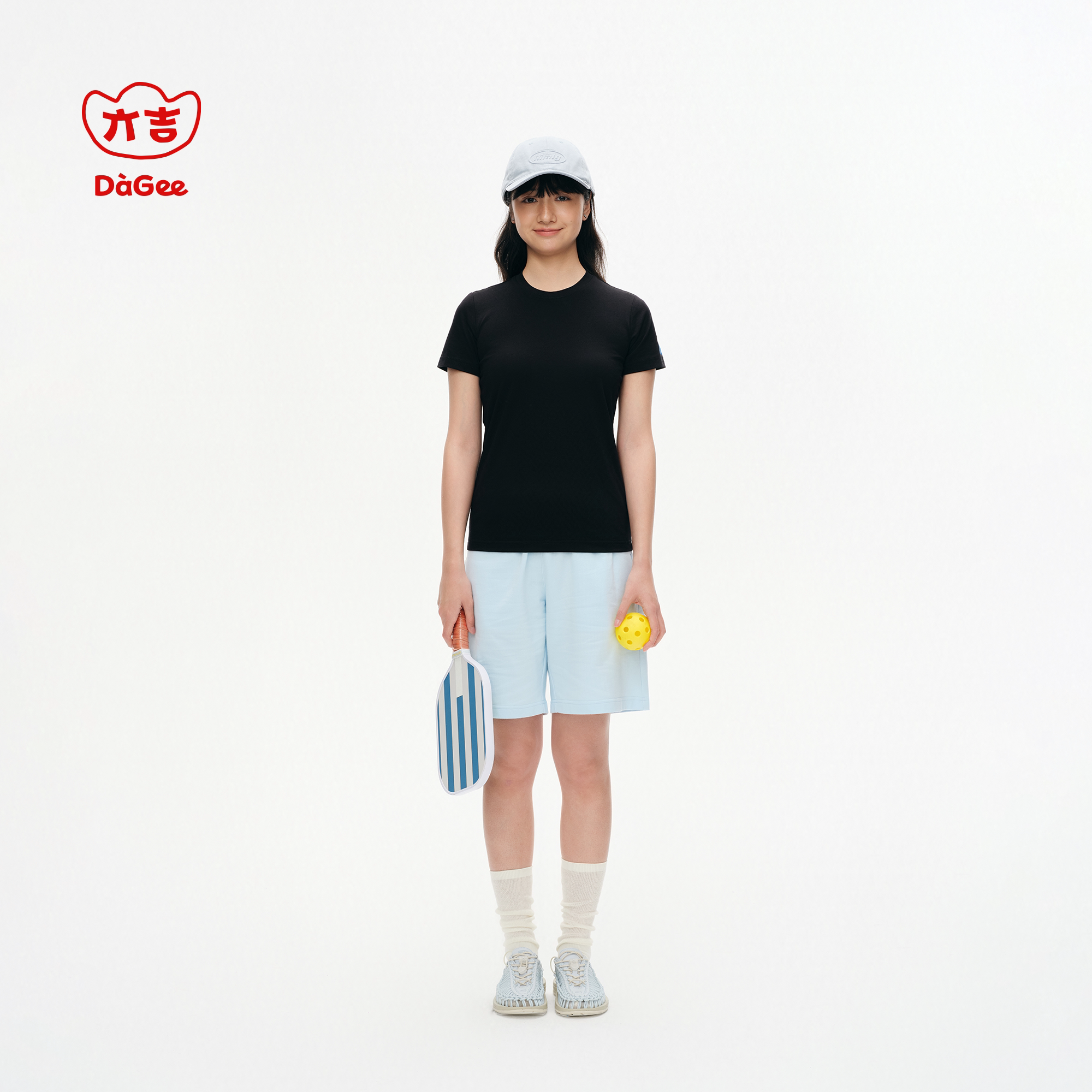 亣吉DaGee蓝色纯棉宽松运动短裤女夏外穿抽绳休闲直筒五分卫裤男图片