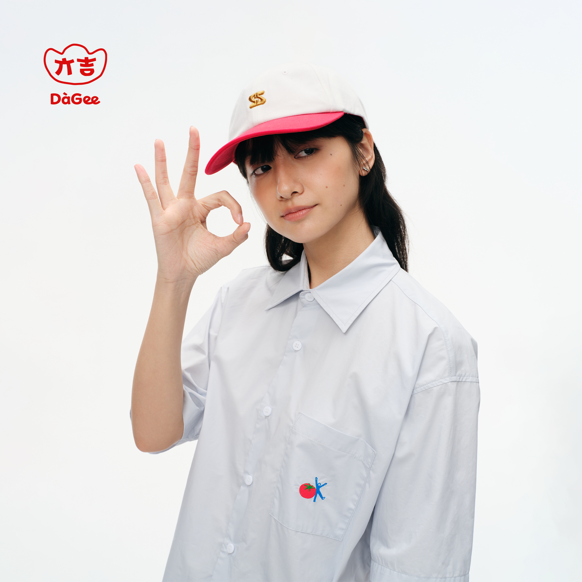 亣吉DaGee 纯棉宽松开叉短袖衬衫女夏外穿翻领口袋刺绣衬衣上衣男