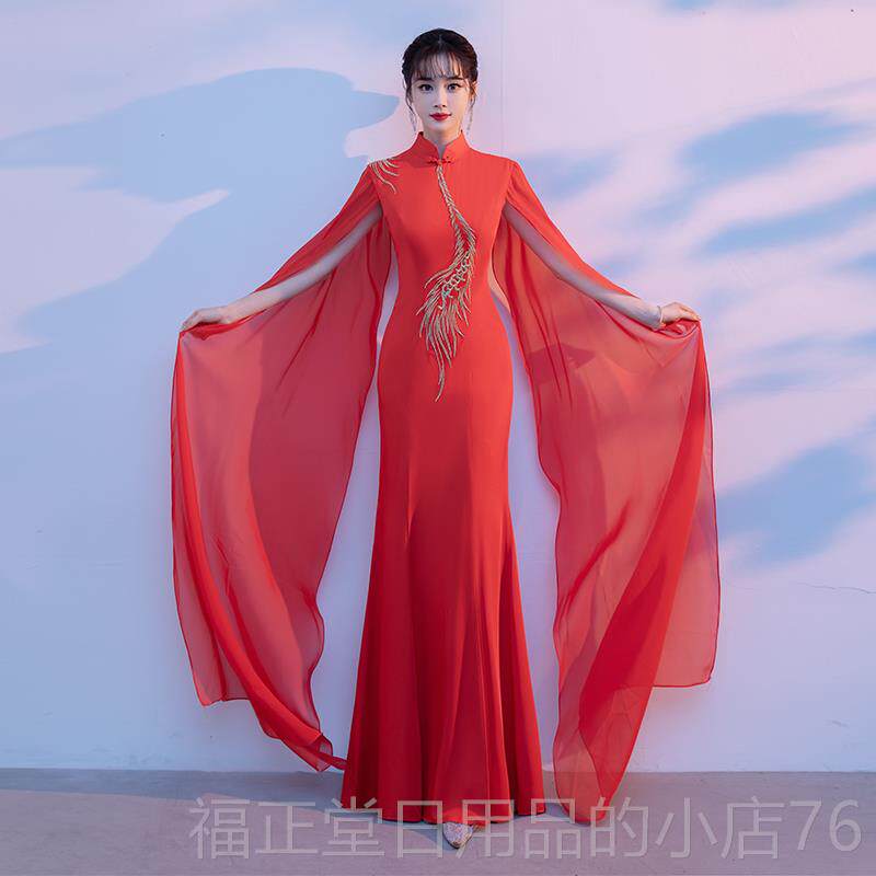 高档蓝色走秀演旗袍舞礼服裙女鱼端尾高水袖古筝表演服装中国风台