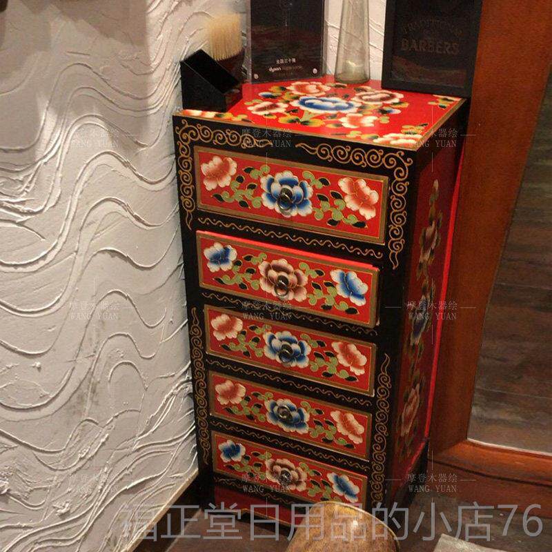 高档整装客厅厨房室收纳五抽斗柜新中式彩绘式家卧具实木屉式储物
