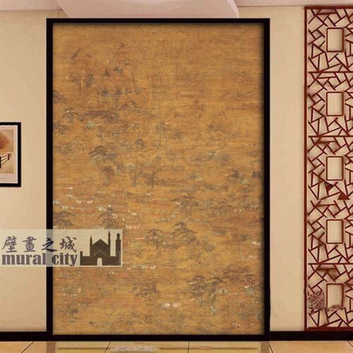 中式复古风壁纸古画国风宫苑图墙纸墙布摄影书房玄关壁画背景墙
