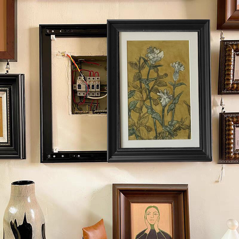 高级感竖版遮挡电表箱装饰画中古风黑色框左右推拉隐藏画支持定制