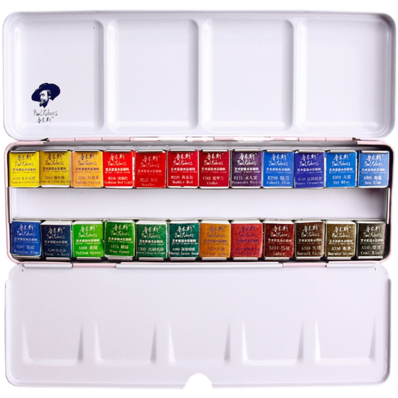 鲁本斯水彩固体颜料装便携小铁盒2色彩绘珠光固体水彩工具装