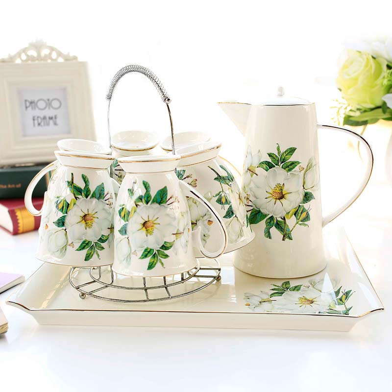 水杯套装家用陶瓷杯子欧式简约客厅耐热骨瓷茶壶托盘水具礼盒送礼