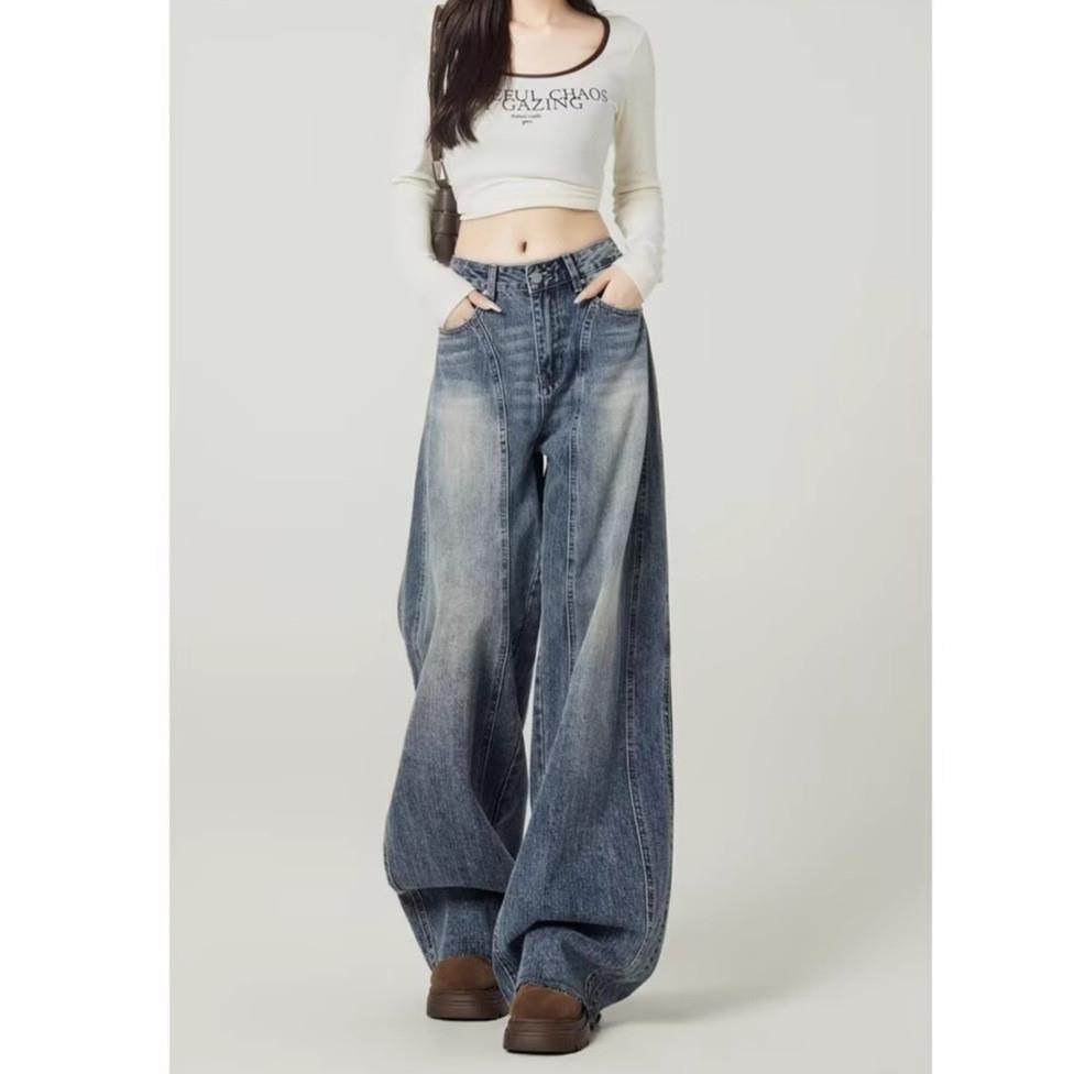 美式复古高腰阔腿牛仔裤女2026年春季新款宽松显瘦垂感拖地镰刀裤