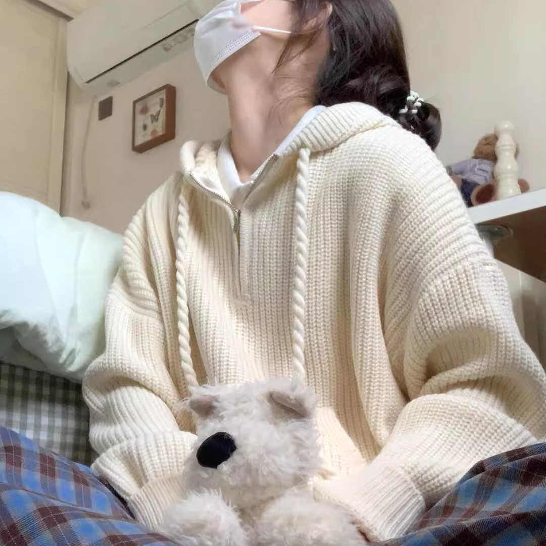 半拉链连帽毛衣女2026新款秋冬季宽松慵懒高级感针织套头帽衫外套