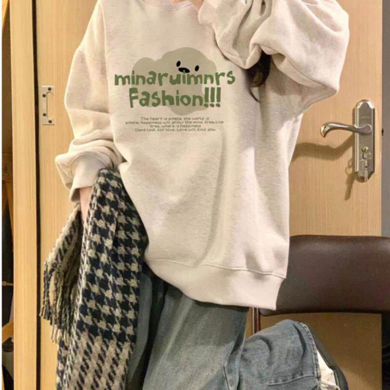 冬季加厚加绒灰色重磅卫衣女士长袖春秋薄款宽松慵懒风美式上衣潮