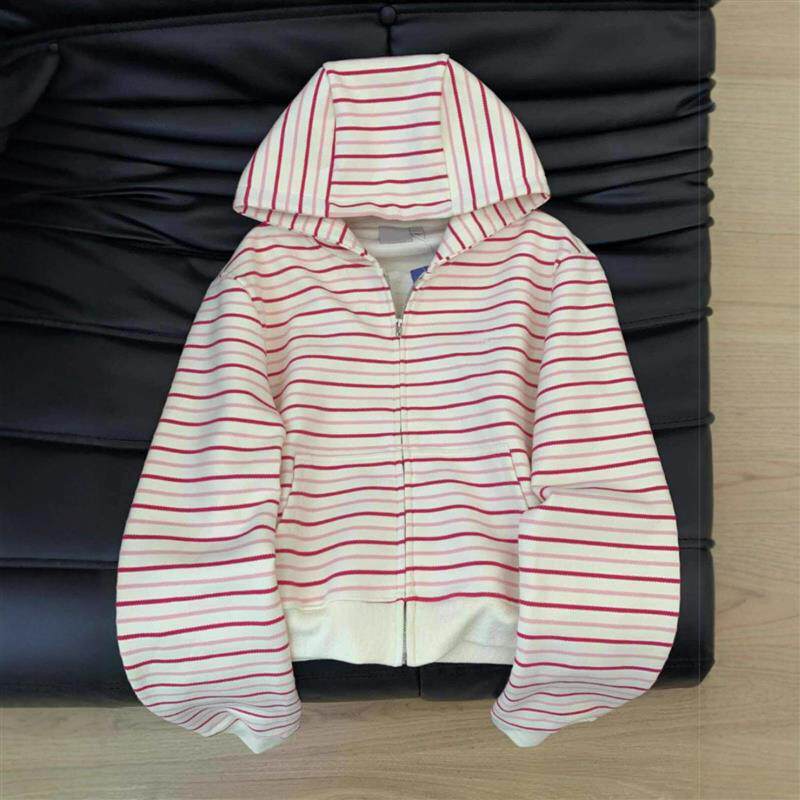 韩系chic慵懒风宽松粉白条纹开衫连帽卫衣女秋季2025新款休闲外套