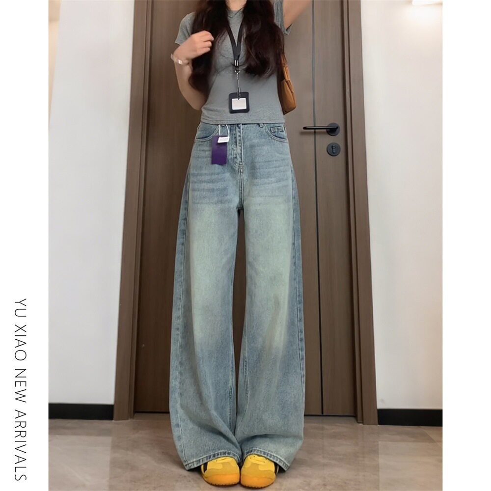 浅色阔腿牛仔裤女秋冬潮流新款大码胖mm宽松显瘦梨形身材直筒裤子
