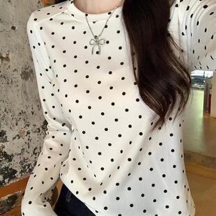 美式白色正肩圆领波点长袖T恤女早春2025辣妹修身打底衫内搭上衣