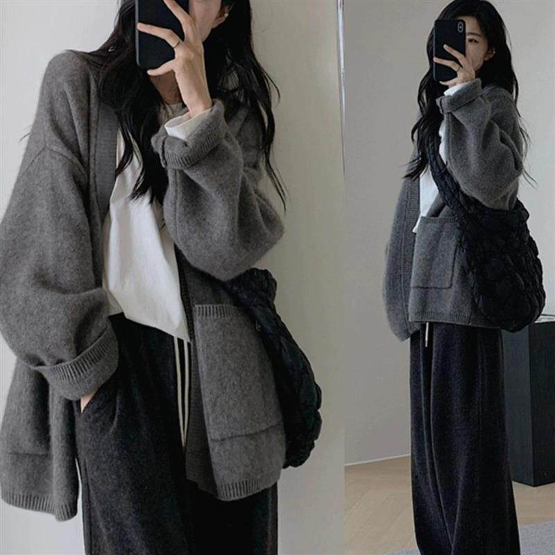 灰色羊毛衫女中长款毛衣外套秋冬宽松慵懒风羊绒针织开衫外搭外穿