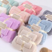 珊瑚绒毛巾浴巾干发帽三件套菠萝格包边柔软吸水家用洗澡巾套装