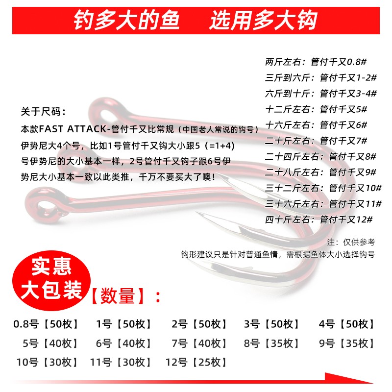 红色鱼钩管付千又渔钩有孔圈环倒刺海钓矶钓加粗大物钩大包装