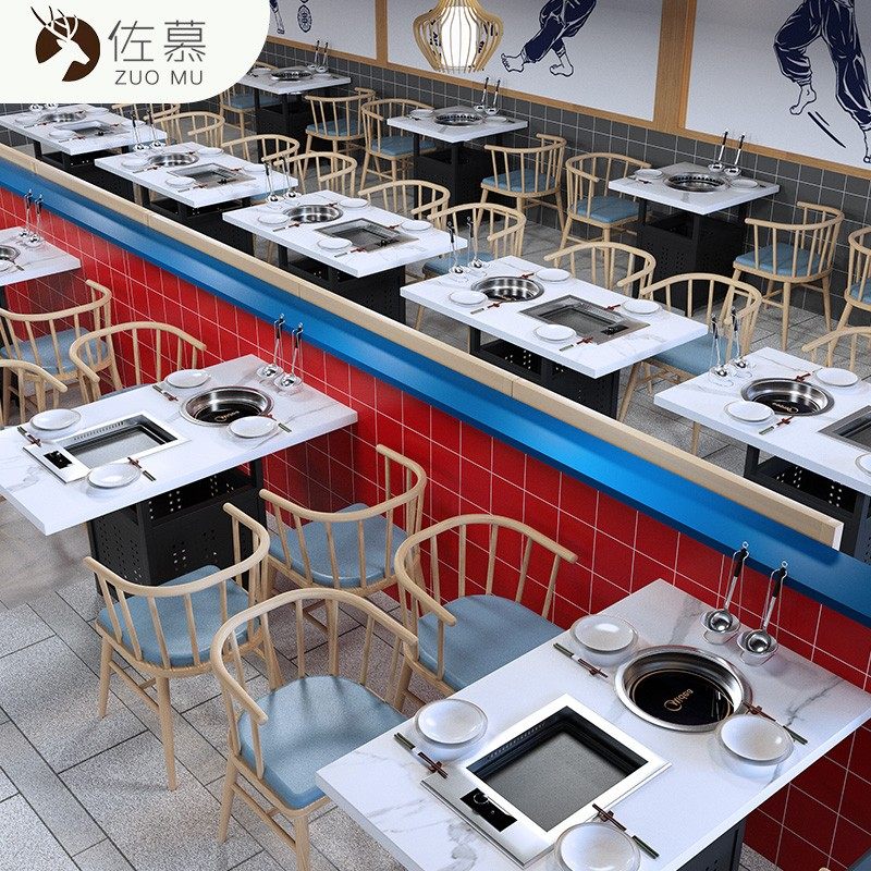 无烟自助烤涮火锅烧烤一体一人一锅大理石火锅桌炭火烤肉桌子商用