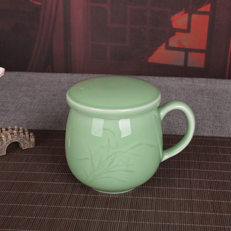 流转千年青瓷创意泡茶水杯陶瓷带茶漏带内胆兰花同心杯礼品茶杯