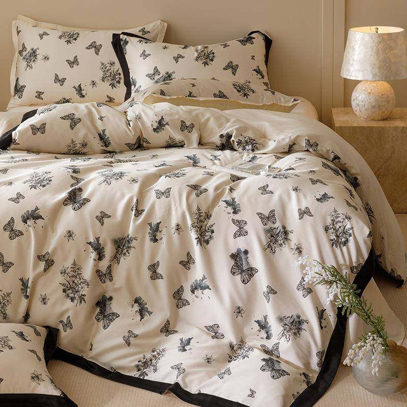 轻奢蝴印100S绒棉床单四件套全棉YC96纯棉花被套柔软法式长蝶床上