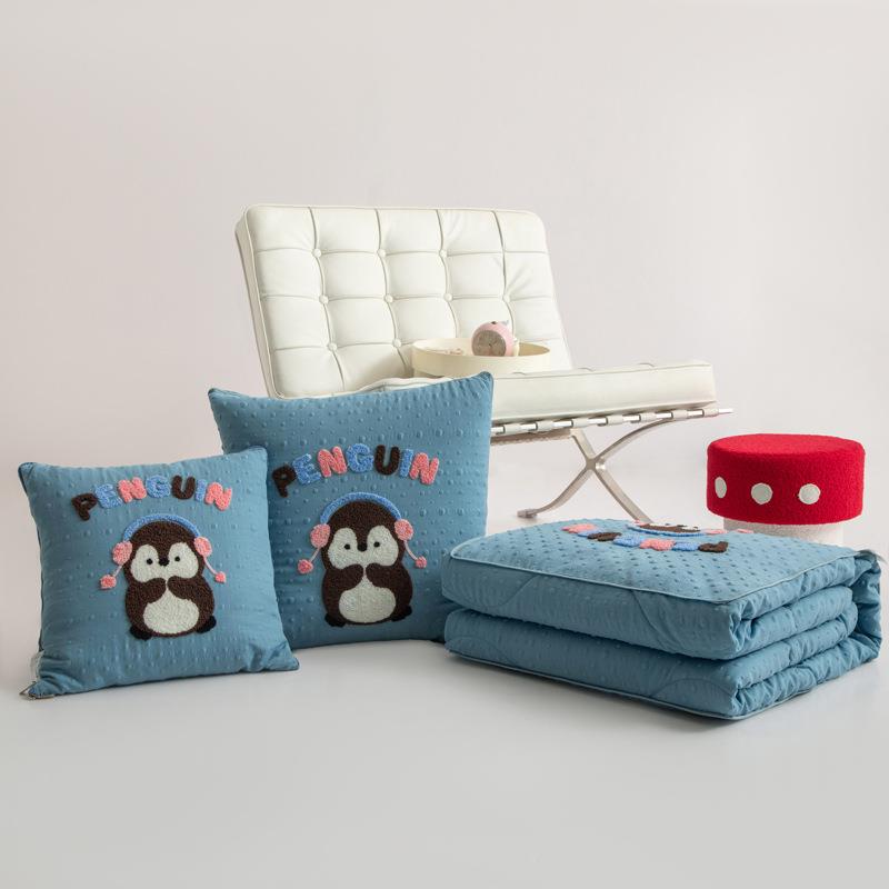 新款卡通针企织双层纱豆2025507J豆抱枕被音乐鹅办公室折叠小被子