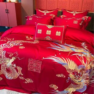 长绒棉轻奢贡H1200缎上用品四件套凤全床单大红色婚房龙刺绣床被