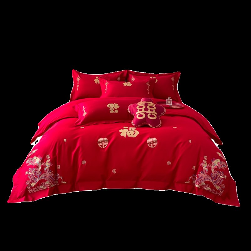 202新年喜庆结婚四件大红色喜字婚房新婚床单中式婚庆床上用品
