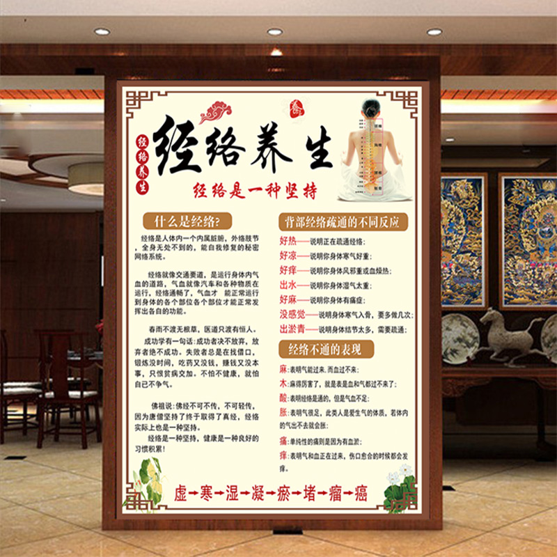 竖版经络养生简介墙纸中医馆健康养生理疗宣传广告背景装饰壁画背