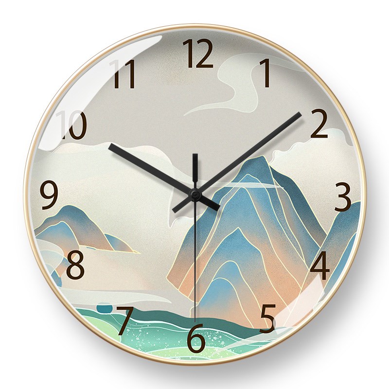 国风山水时钟挂墙客厅挂钟中式挂表创意水墨自动对时电波钟免打孔