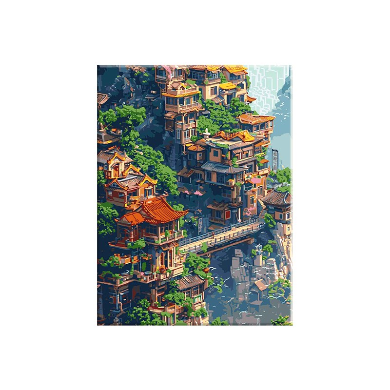 像素山城diy数字油画丙烯填充手绘风景解暑绿治愈减压油彩涂色画