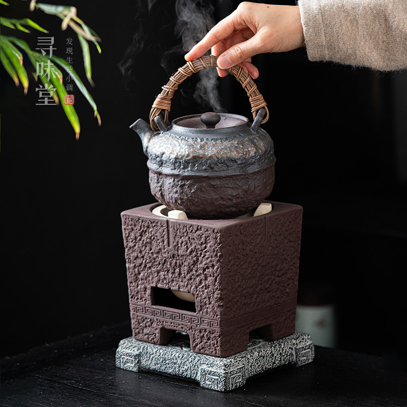 复古粗陶炭炉煮茶壶围炉煮茶可乾烧提梁壶酒精炉炭火煮茶器茶具