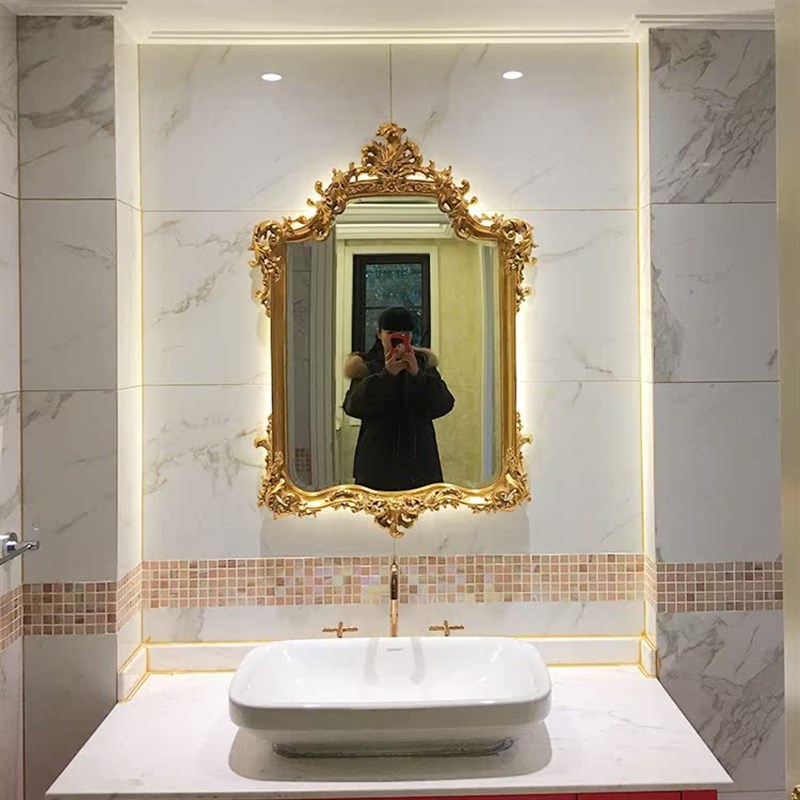 欧镜家居法式复古雕花背光灯镜金色玄关镜壁炉装饰镜欧式壁挂镜子