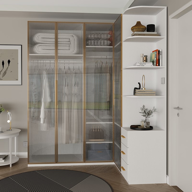 L型实木转角衣柜家用卧室一门到顶小户型玻璃门拐角衣橱衣帽间柜