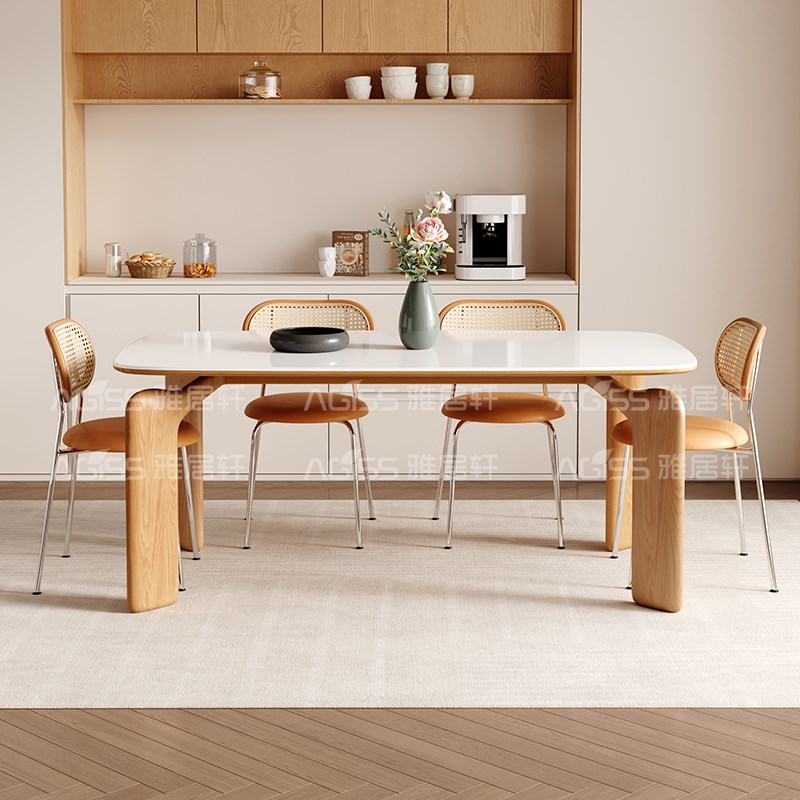 雅居轩大象腿岩板餐桌椅原木奶油风小户型家用实木饭桌长方形