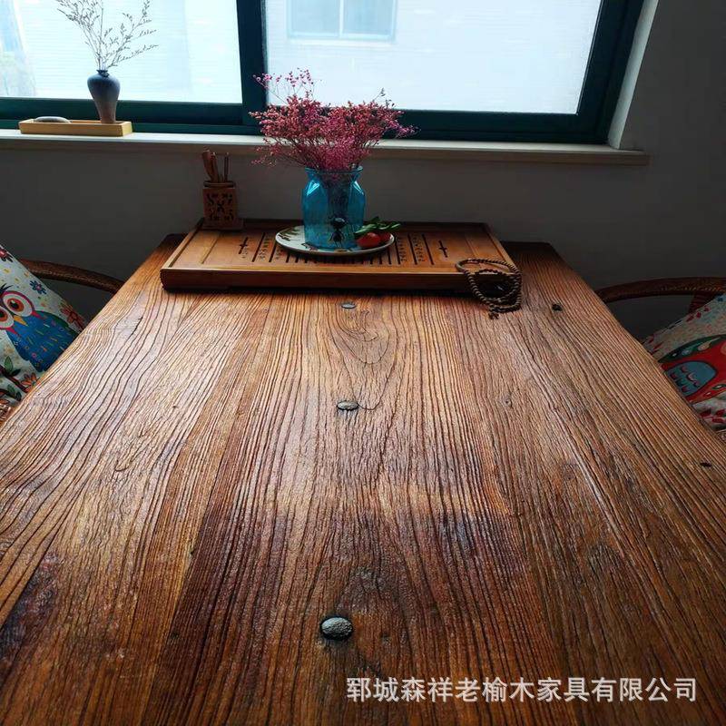 OXL民餐厅酒店实木长桌老榆子木板桌宿复古长纯条桌老榆木茶桌